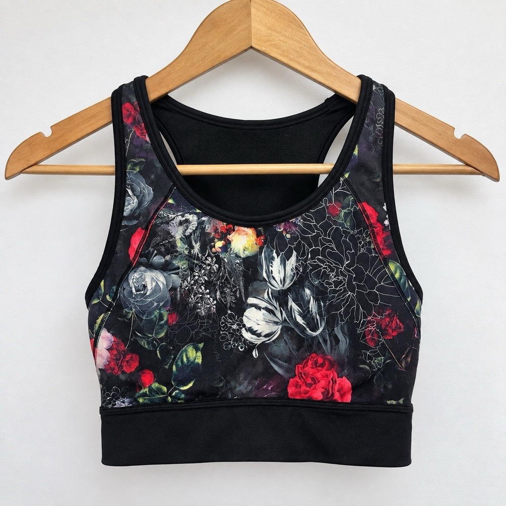 Athleta Printed Movement Bralette Black Floral Racerback Sports Bra Size S